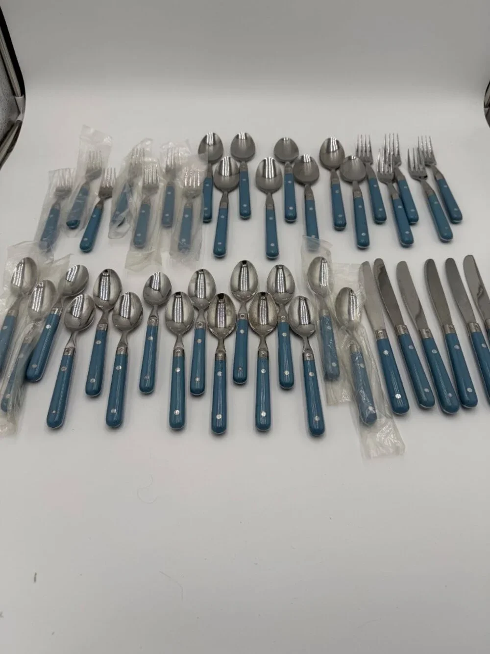 Vintage Stainless Steel Flatware Set Blue Handles 42Pcs Made Korea Cottagecore